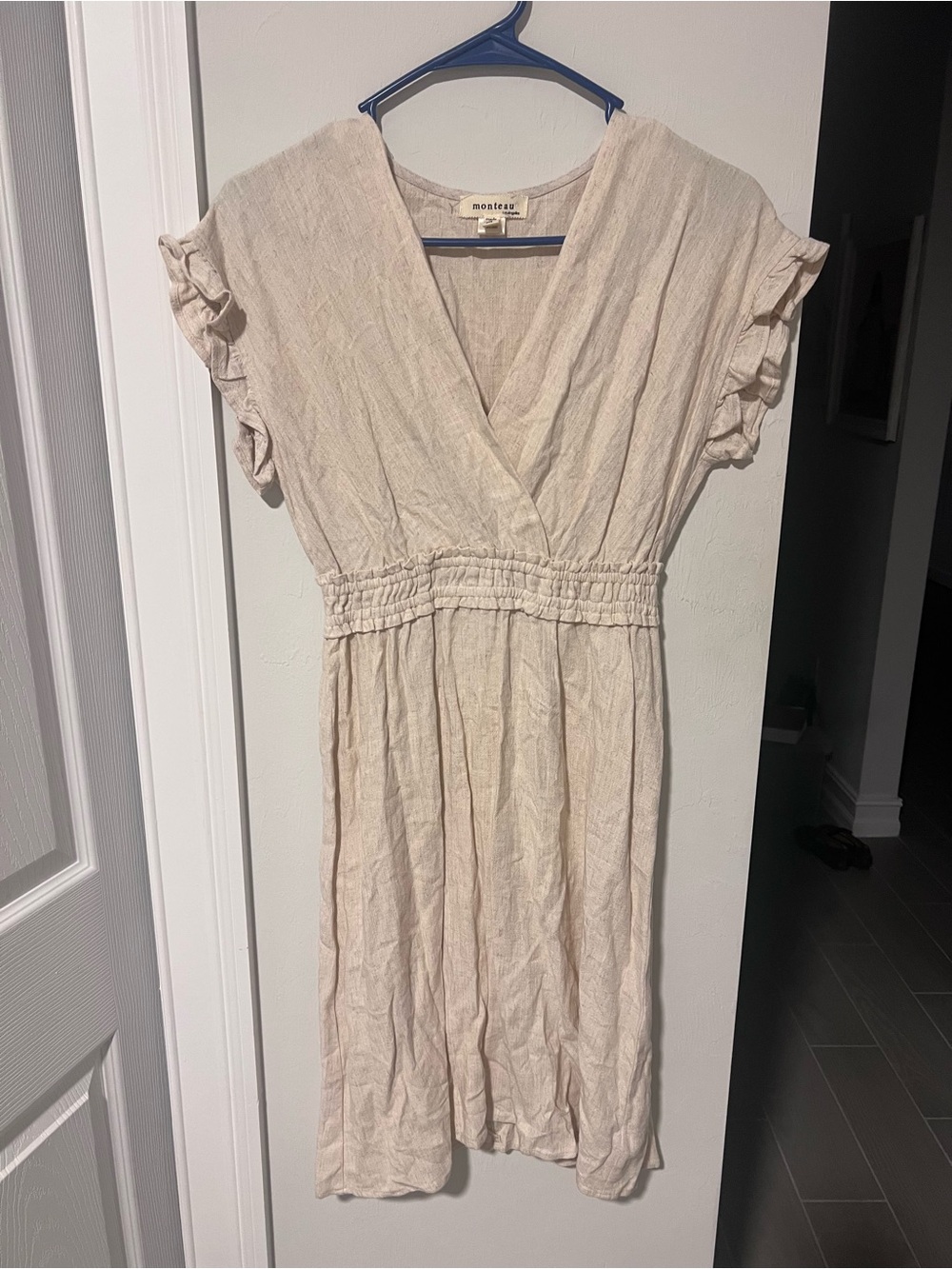 Monteau Cream V-Neck Wrap Dress with Ruffle Sleeves